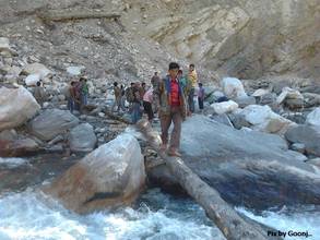 Dangerously crossing a high water gorge on a trunk