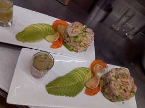 Shrimp w/ celery & beets; sliced avocado garnish