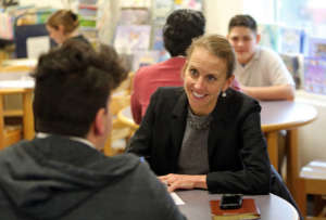 CEO Em McCann interviews a student in Boston