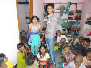 destitute orphan child receiving bag