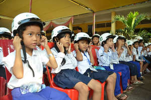 Students with their new helmets