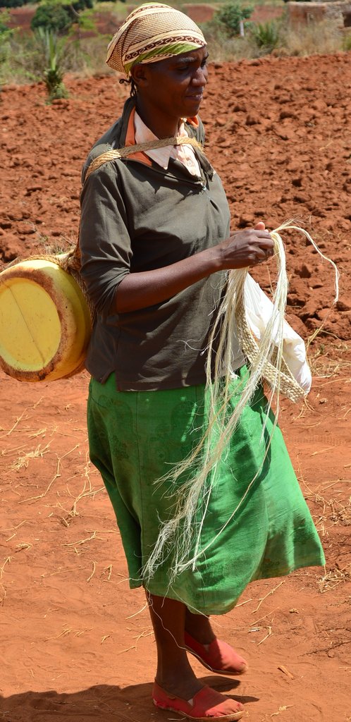 Woman weaving a rope on her way to fetch water