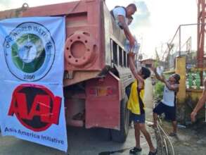 A truck distributing water in an impacted area