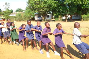 Students playing tug-of-war in P.E. class