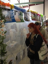visitor taking a moment to look at the parrots