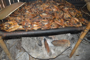 Roasting fish in an open fire oven