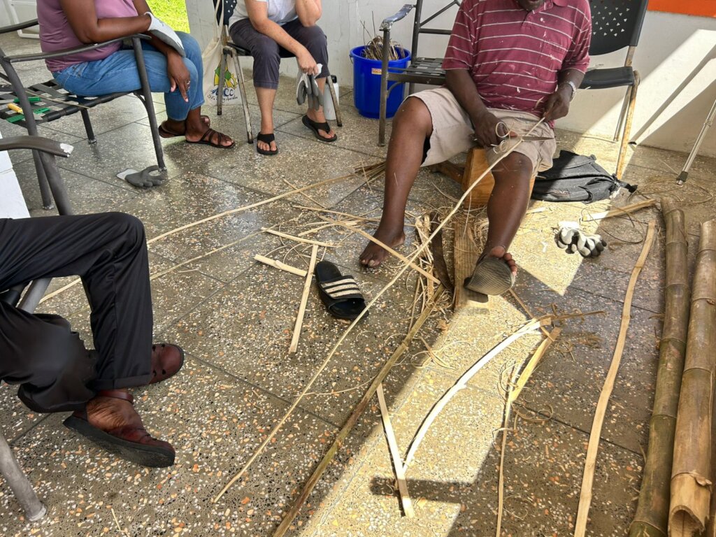 Preparing bamboo strips for basket making