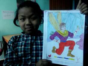 Dolma, Class-3 is happily demonstrating her  art.