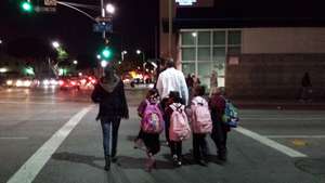 Students walking to the Skid Row Learning Center