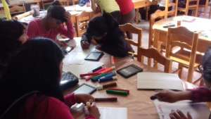 Reading girls at library