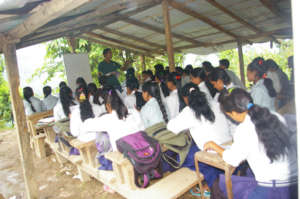 Grade 10 students crowded into a temporary space
