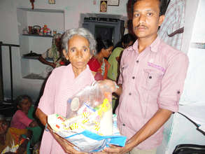 Destitute elderly person receiving monthly food