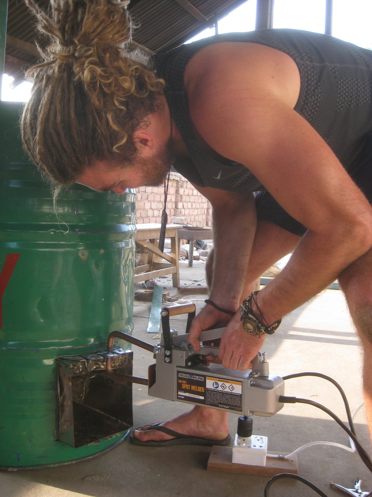 Hamish spot-welding the chamber to the drum