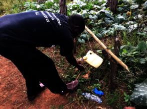 A safe hand-washing structure called a "tippy-tap"