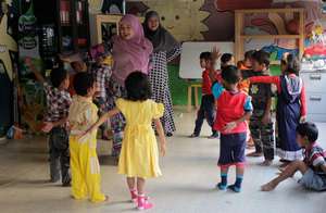 Children and teachers at the new pre-school