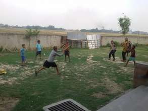 The boys playing cricket in the garden