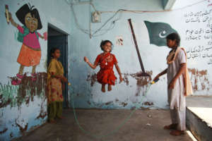 Having fun at a BRAC class in Karachi, Pakistan.