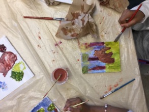 PS163 Visual Arts, student painting a bear
