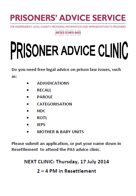 July Women's Advice Clinic Poster at HMP Holloway