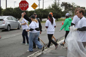 Volunteers make their way to median via crosswalk