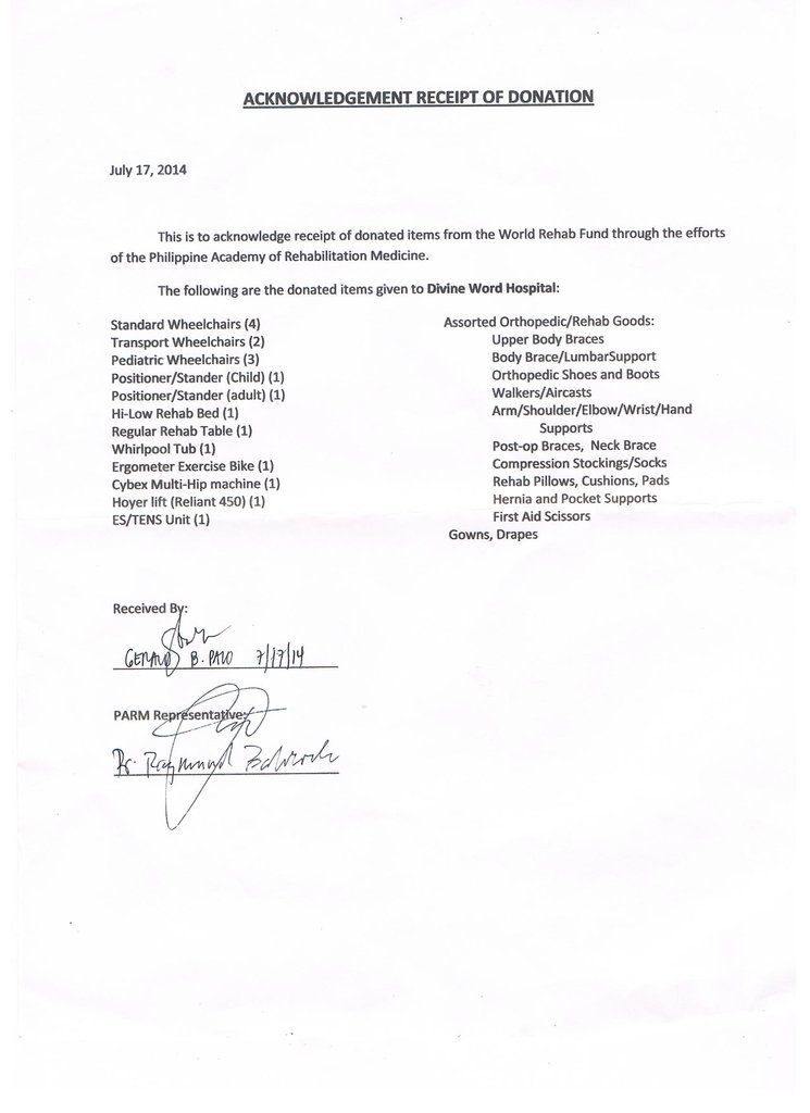 List of Items received by Divine Word Hospital