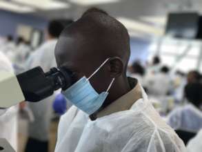 Primary Sch. student using microscope for 1st time