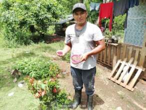 Medardo showing the Biofortified beans seed