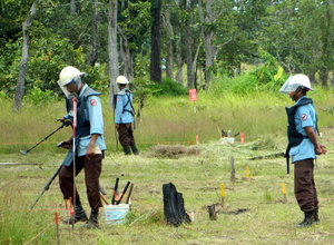 Mine clearing activities near a village