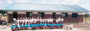Students outside a completed building