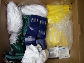 large box stuffed with protective equipment