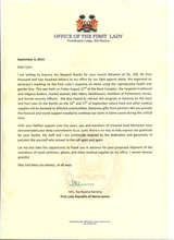 Letter of appreciation from Sia Koroma, First Lady
