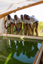 Students at St. Andre near school Spirulina farm