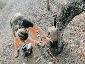 A volunteer checks on a camera trap