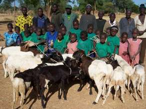Primary school girls with parents and lambs in Kol