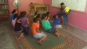 Daily story-time in temporary library space