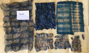 Shades of blues on silk and raffia