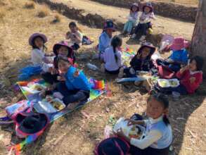 Friends huddle together for BBQ chick lunch