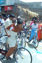 School Girls Riding on Bicycles
