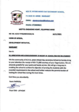 Letter from a school we have supported