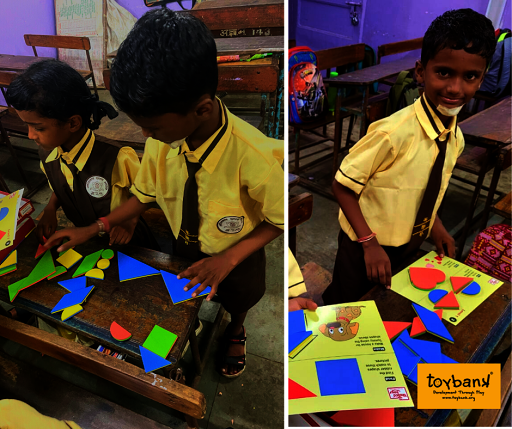 Rajesh* plays Tangram during a play session