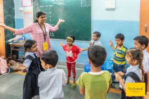 Volunteer conducting activities with the children
