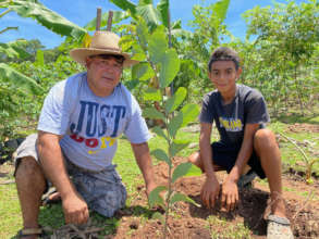 A participating family plants one of the new trees
