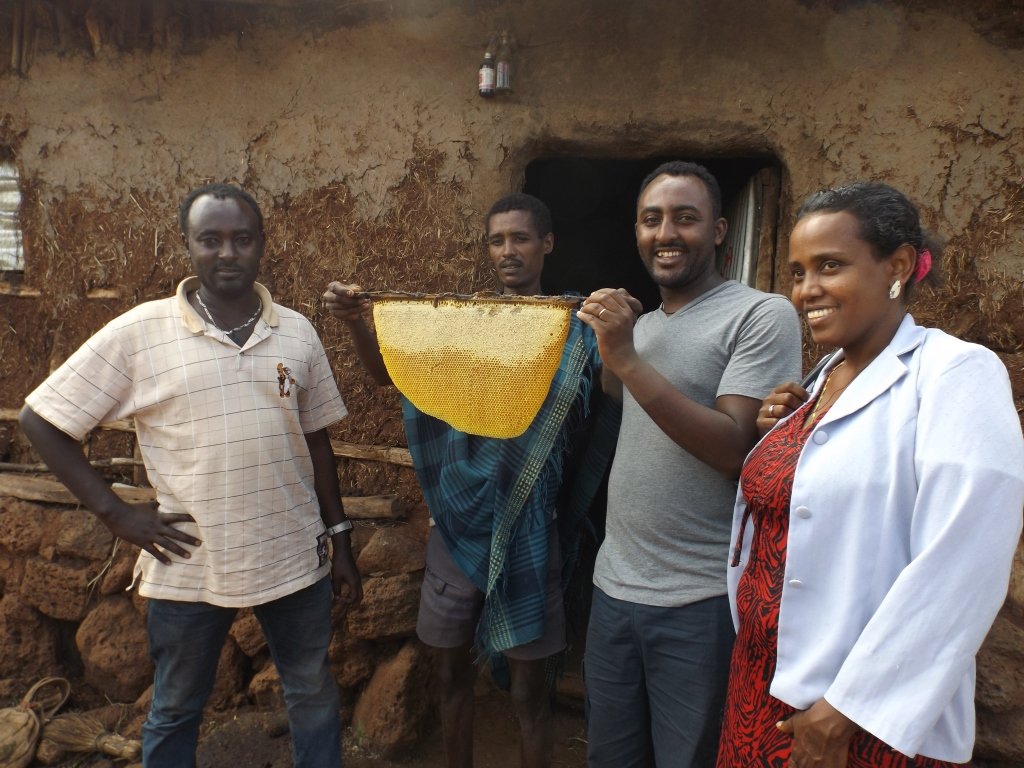 Temesgen (holding the comb) showing his honey comb