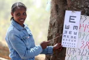 Tagesech, an eye care teacher, gives an eye exam