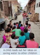 A child discusses her ideas with other children