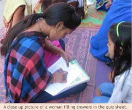 A close up picture of a woman taking quiz