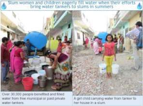 Slum families filling water from tankers