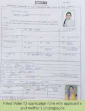 A filled application form with photographs