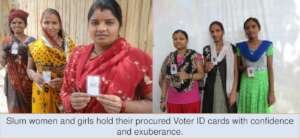 Women and girls holding procured Voter ID cards