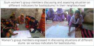 Slum women discussing, assessing situations